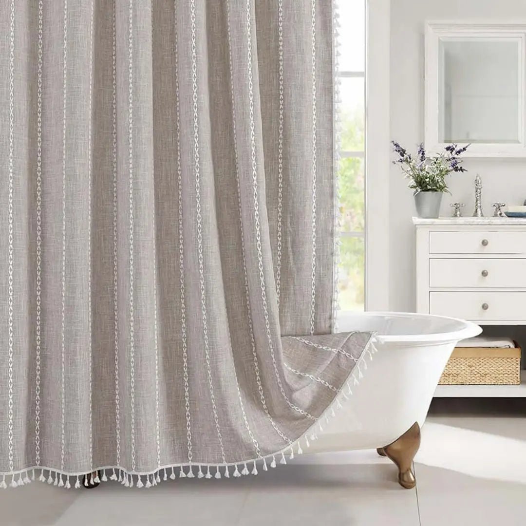 Country-stoff – Boho dusjforheng i lin med frynser