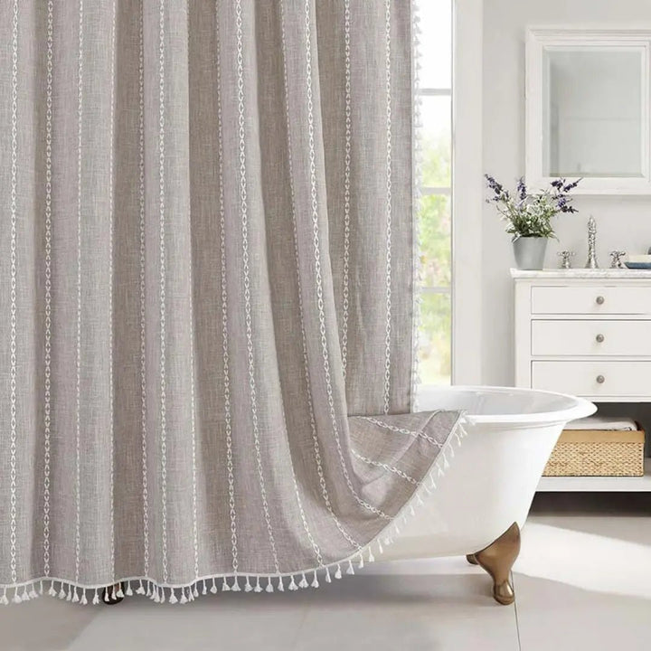 Country-stoff – Boho dusjforheng i lin med frynser