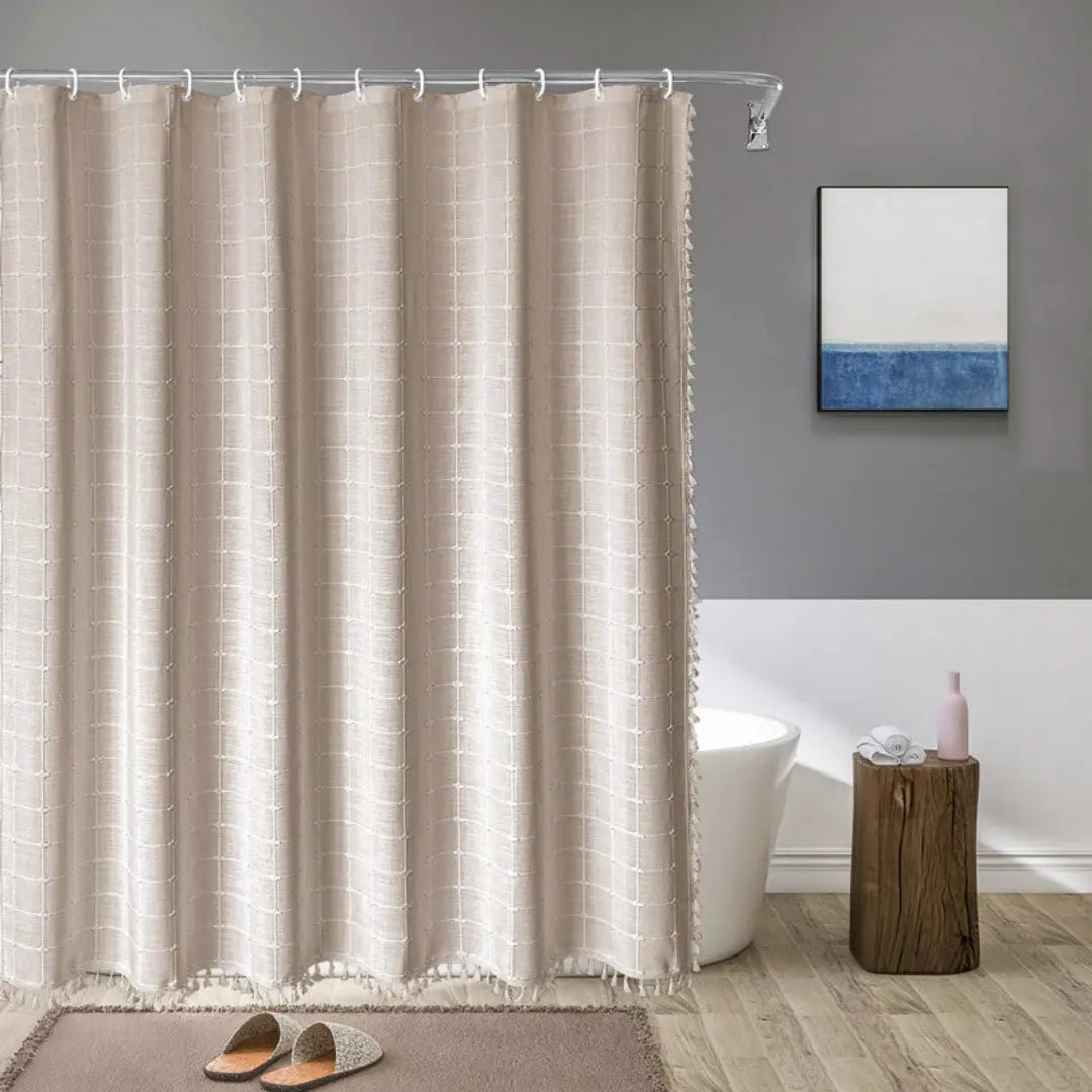 Country-stoff – Boho dusjforheng i lin med frynser