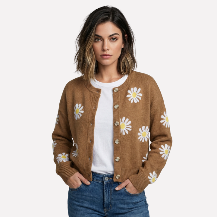 Blomsterstrikket genser til dame