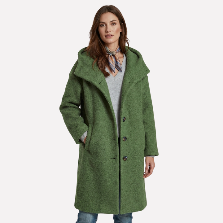 Damejakke i ullblanding med hette og klassisk design