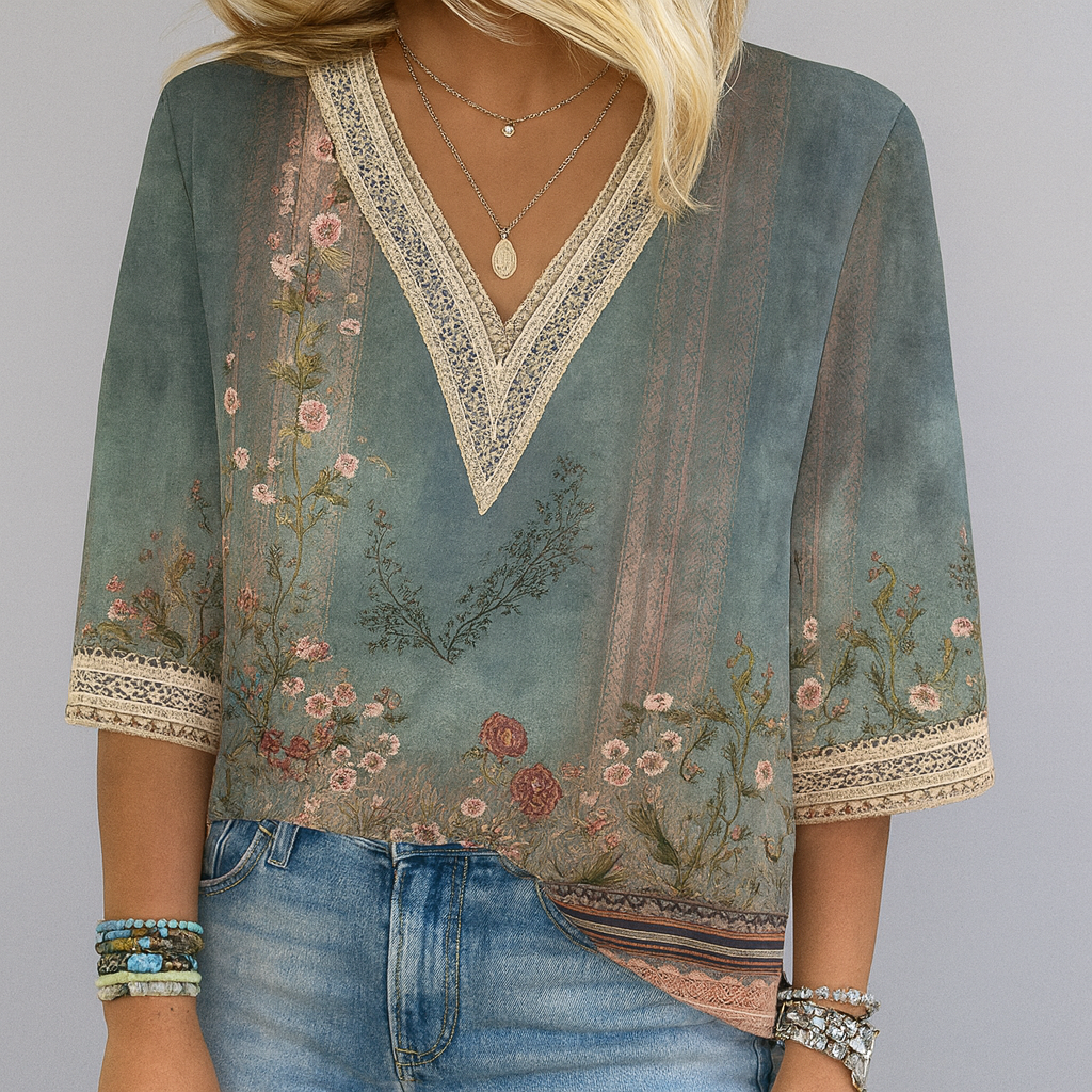 Loose-fitting blouse with V-neck and print