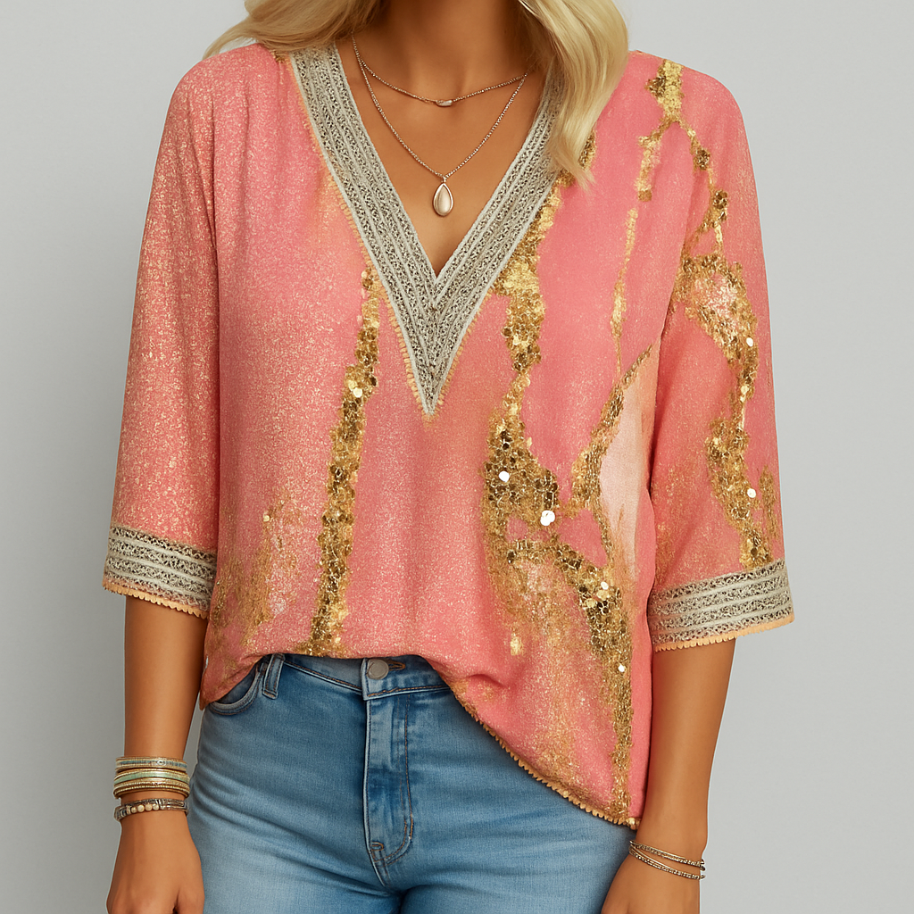 Loose-fitting blouse with V-neck and print
