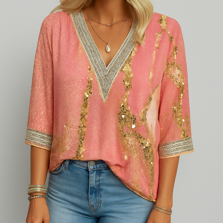 Loose-fitting blouse with V-neck and print