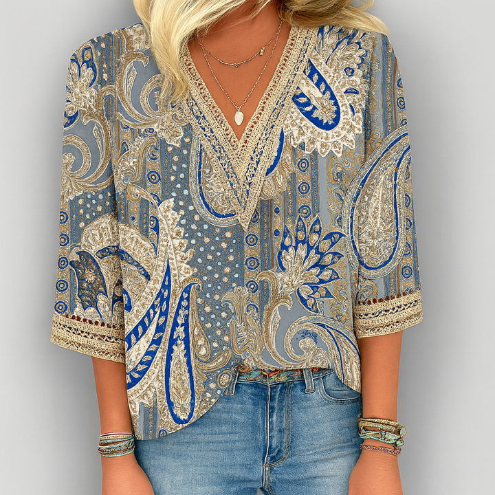 Loose-fitting blouse with V-neck and print