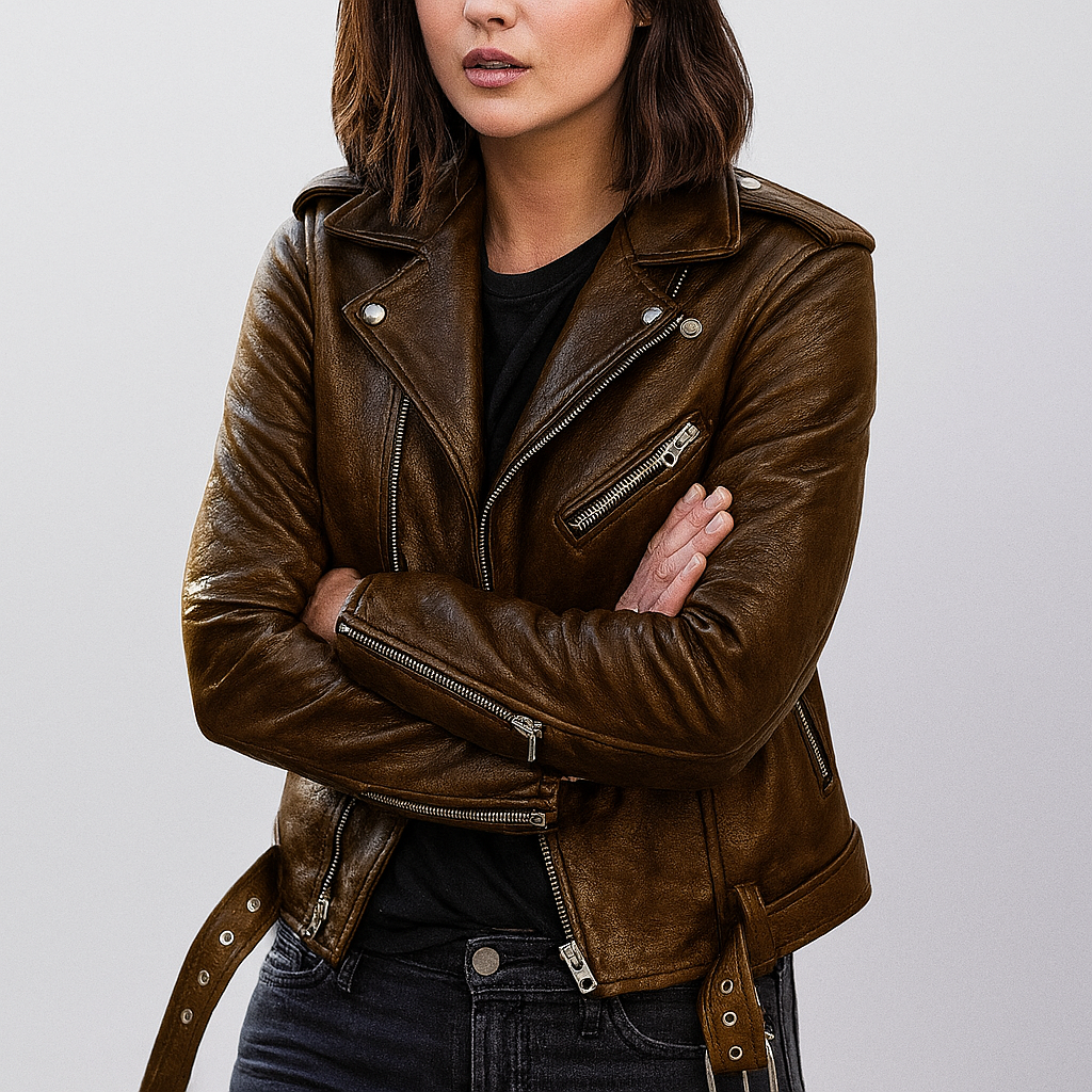 Slim fit biker jacket in leather for women