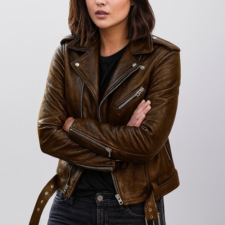 Slim fit biker jacket in leather for women
