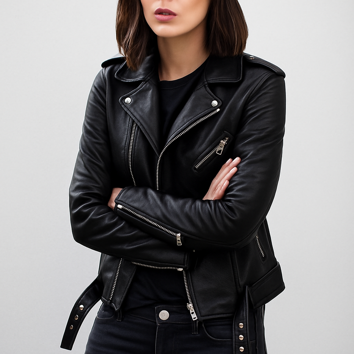 Slim fit biker jacket in leather for women