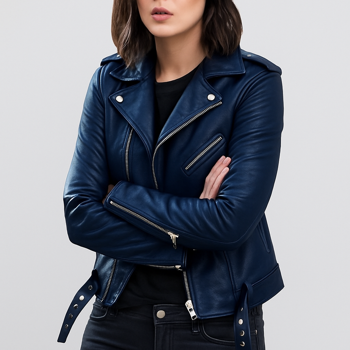 Slim fit biker jacket in leather for women