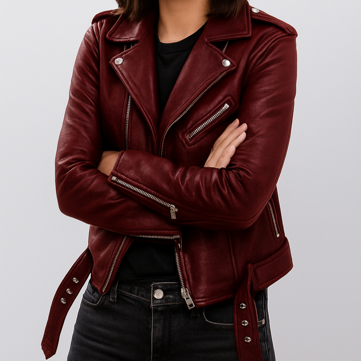 Slim fit biker jacket in leather for women