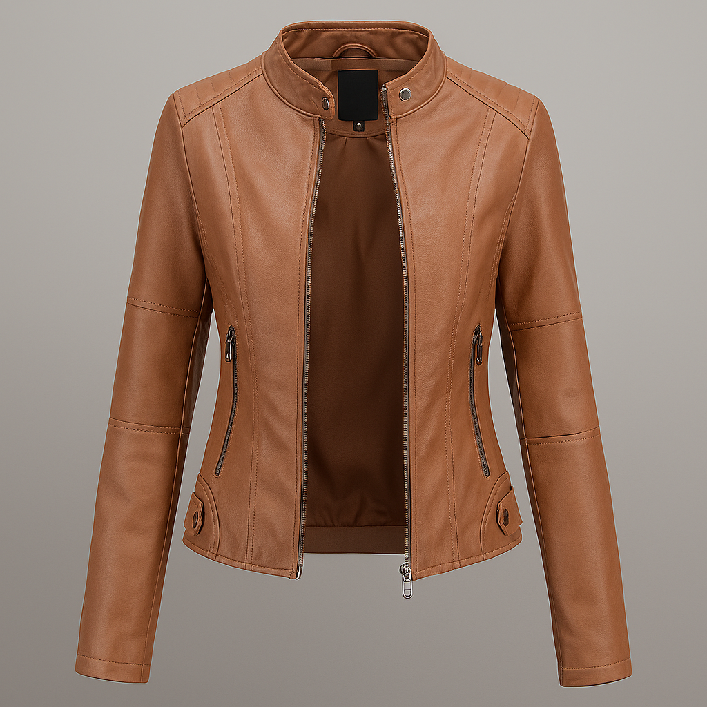 Red leather jacket with moto motif for women
