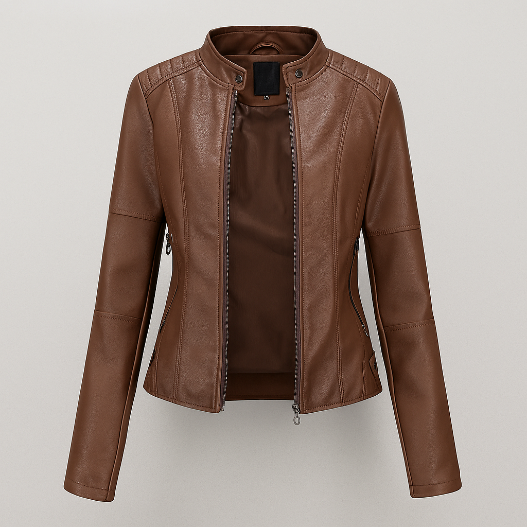 Red leather jacket with moto motif for women