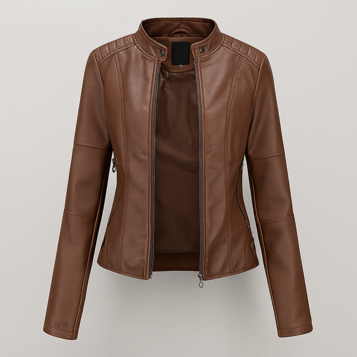 Red leather jacket with moto motif for women