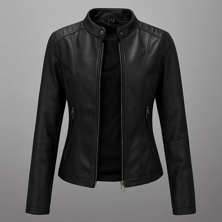 Red leather jacket with moto motif for women