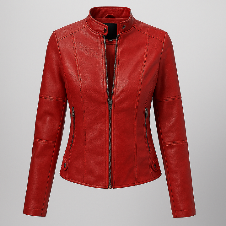 Red leather jacket with moto motif for women