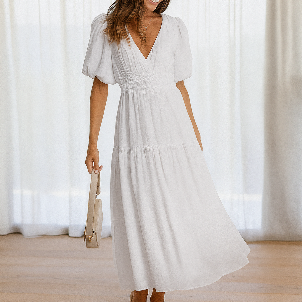 Midi dress with V-neck and elastic waist for women