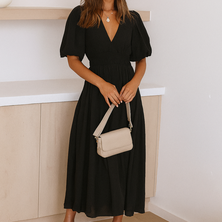 Midi dress with V-neck and elastic waist for women