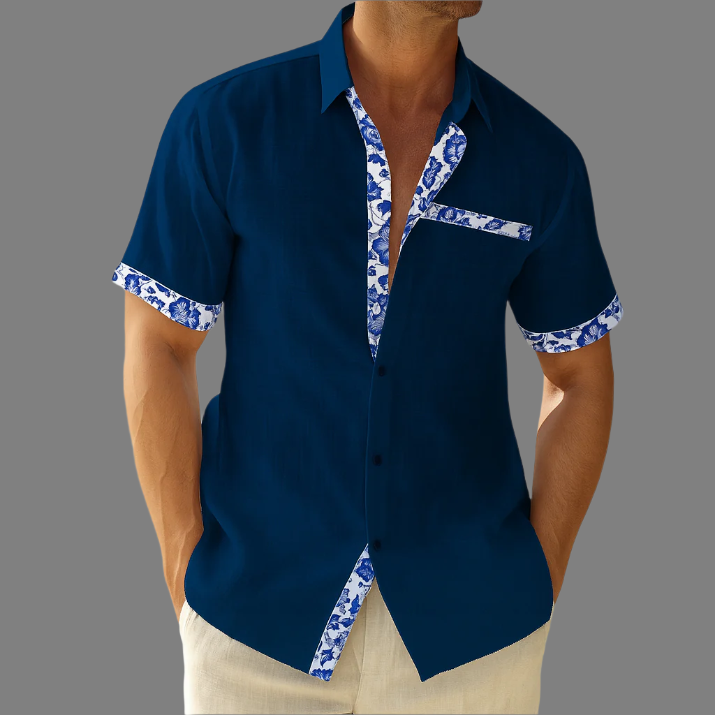 Breathable shirt with buttons in linen, floral decoration