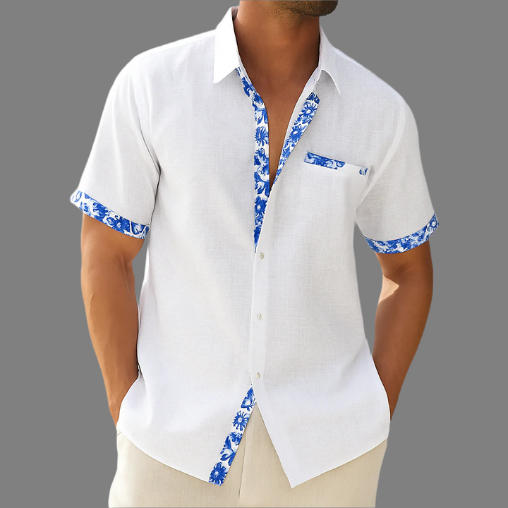 Breathable shirt with buttons in linen, floral decoration