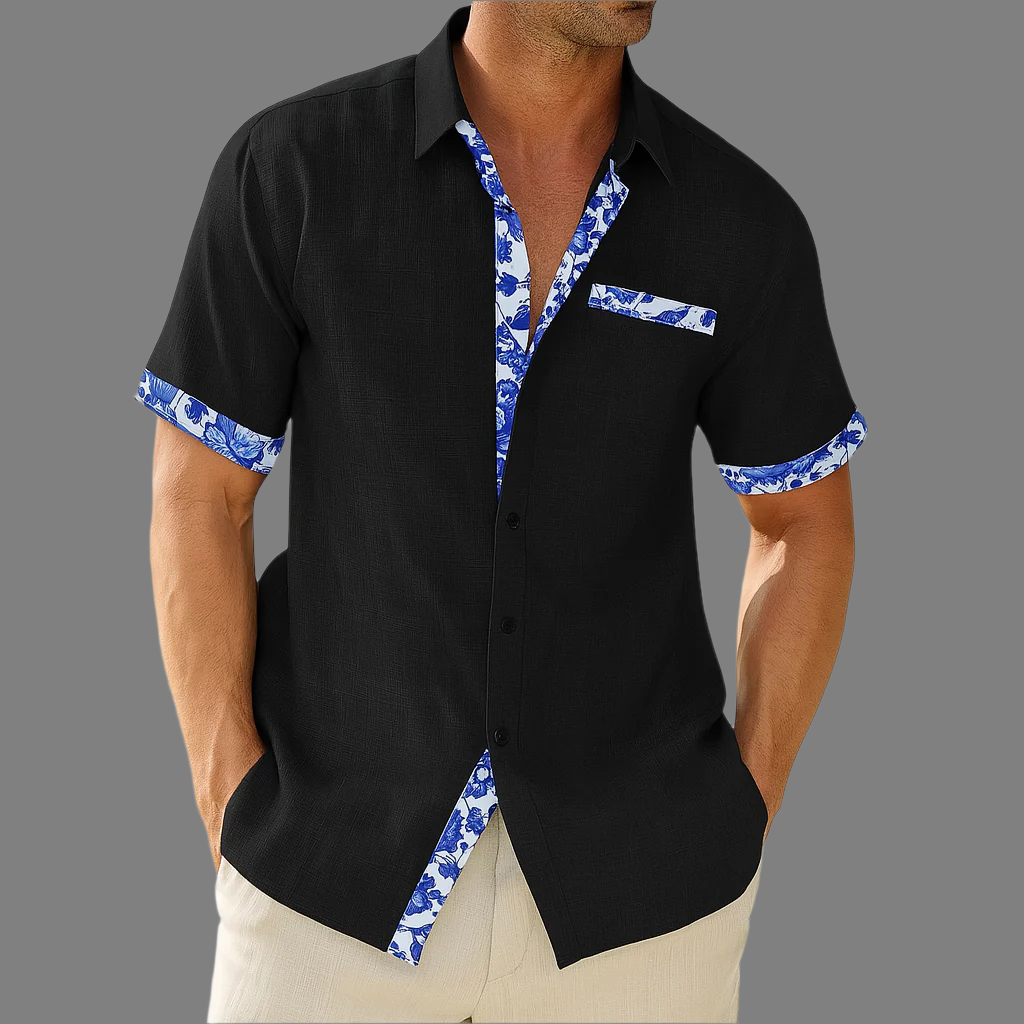 Breathable shirt with buttons in linen, floral decoration