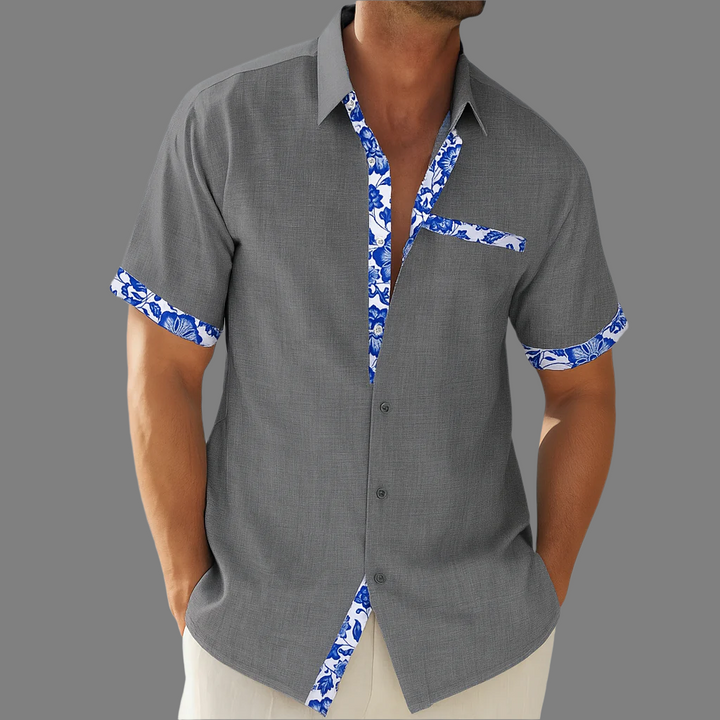 Breathable shirt with buttons in linen, floral decoration