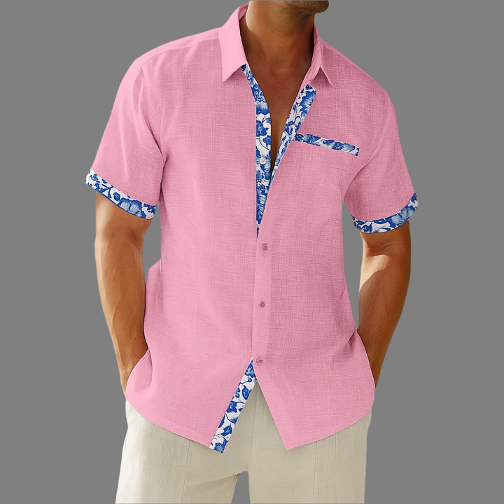 Breathable shirt with buttons in linen, floral decoration