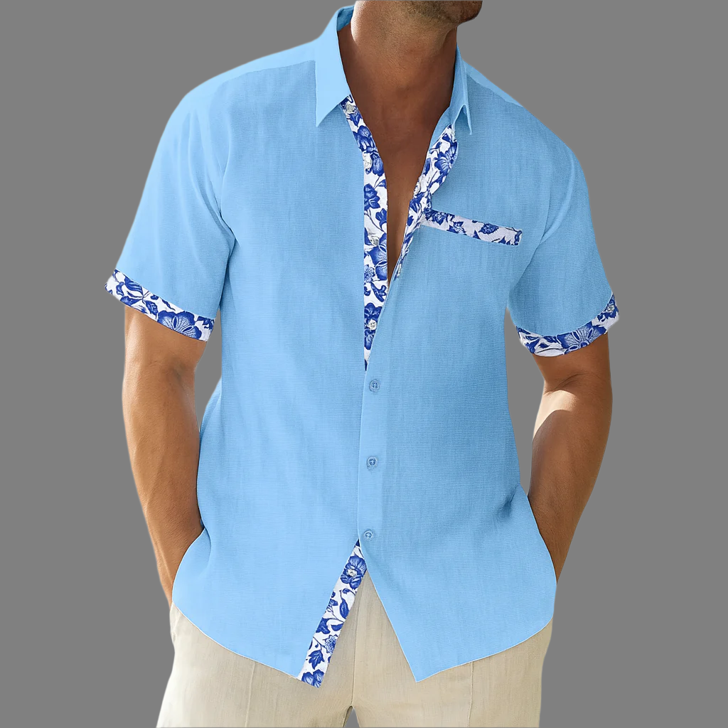Breathable shirt with buttons in linen, floral decoration