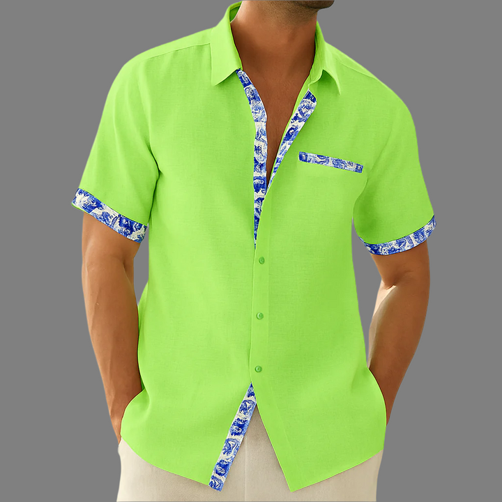 Breathable shirt with buttons in linen, floral decoration
