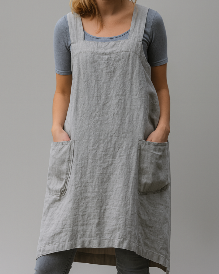 Dress in apron style with pockets for women in cotton and linen