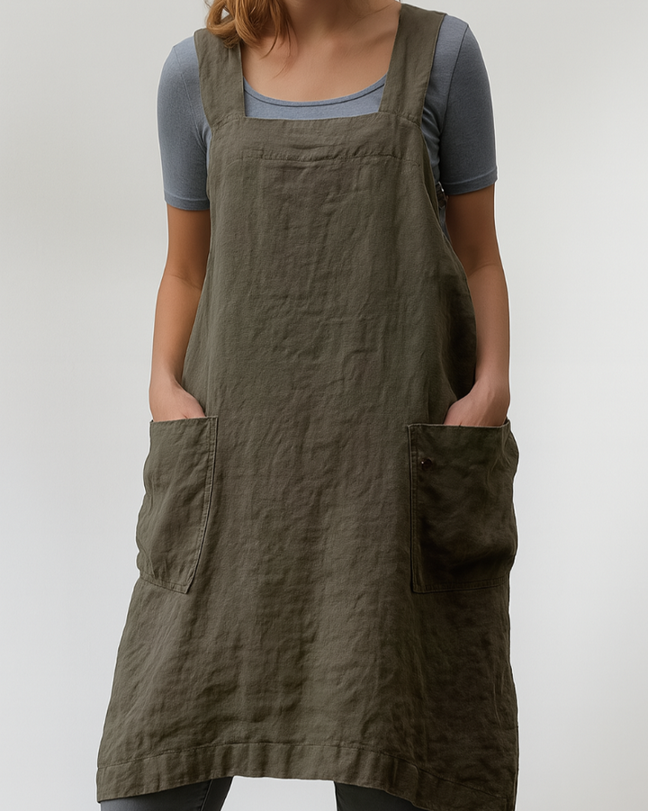 Dress in apron style with pockets for women in cotton and linen