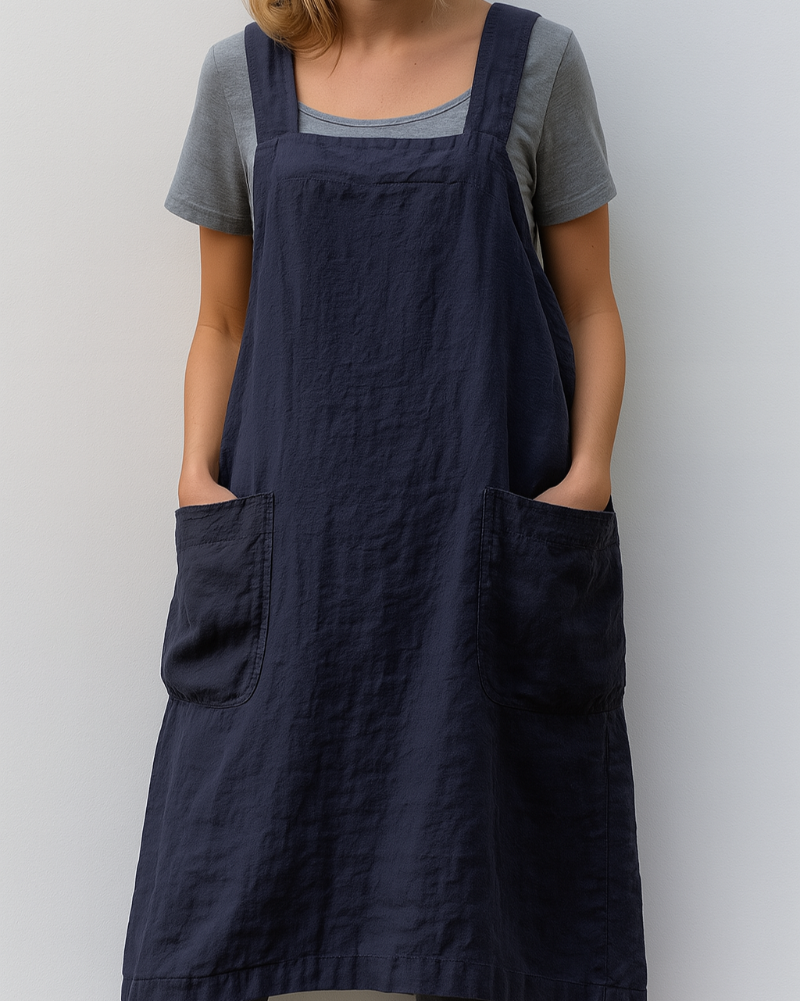 Dress in apron style with pockets for women in cotton and linen