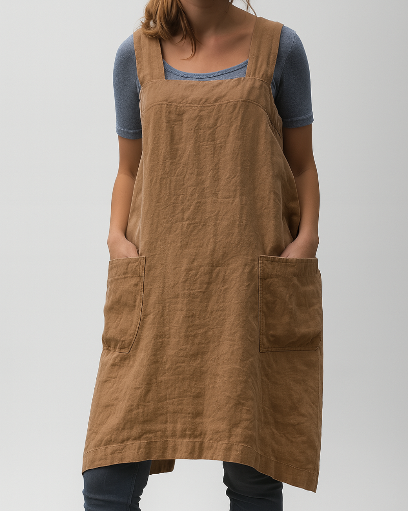 Dress in apron style with pockets for women in cotton and linen