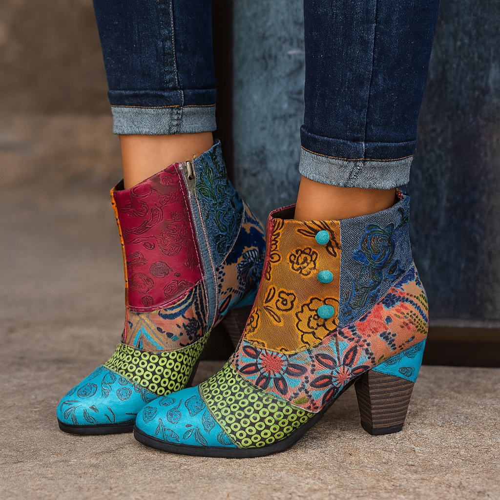 Shoes in embossed floral leather with sturdy heel and vintage charm