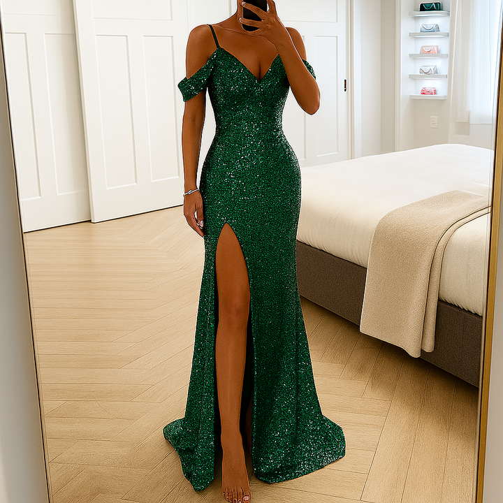 Elegantes Pailletten-Off-Shoulder-Maxikleid