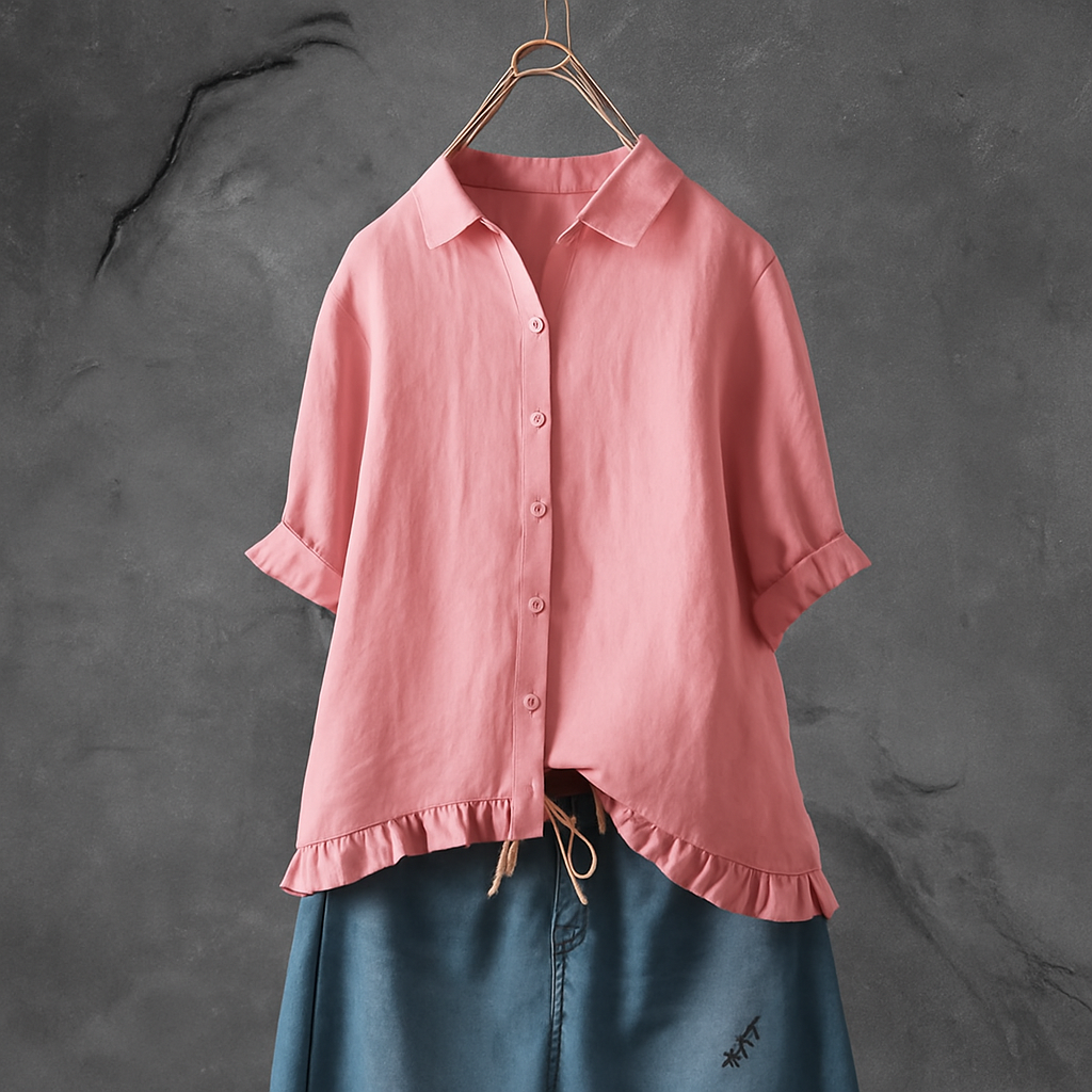 Blouse in cotton with buttons and ruffles on the edge