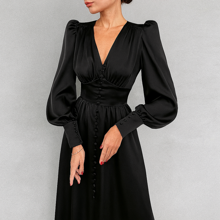 Seidige Puffärmel-Midikleid mit V-Ausschnitt