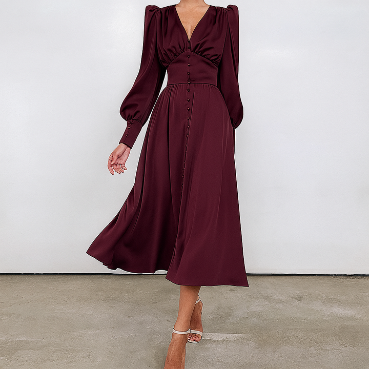 Seidige Puffärmel-Midikleid mit V-Ausschnitt
