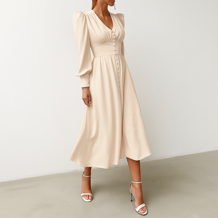 Seidige Puffärmel-Midikleid mit V-Ausschnitt