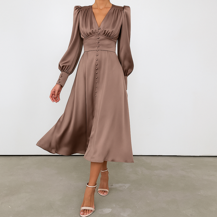 Seidige Puffärmel-Midikleid mit V-Ausschnitt
