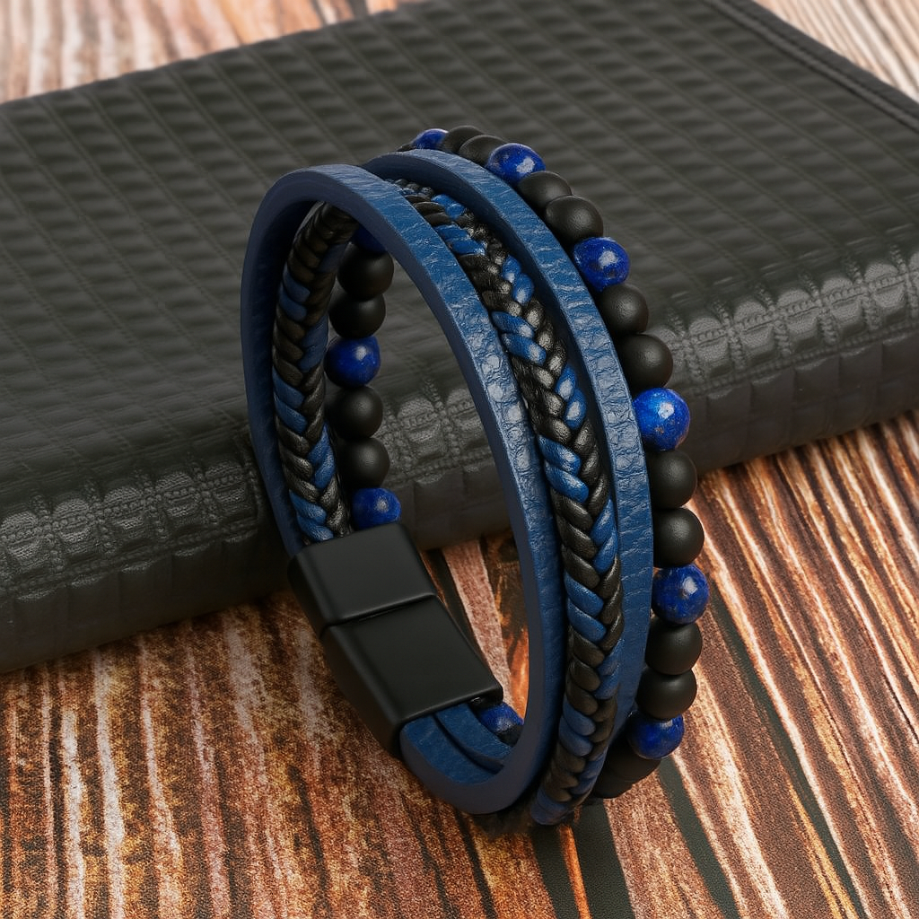 Bracelet in leather and stone beads for men