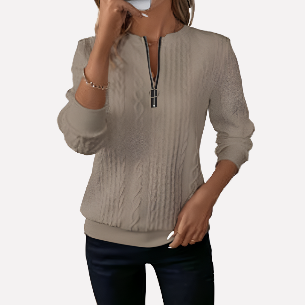 Kvinnes Kabel Strikket Pullover med Glidelås Hals