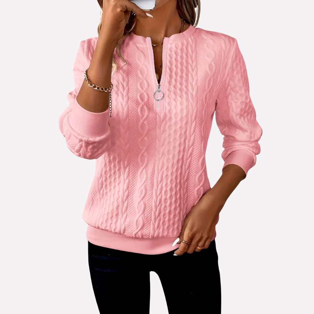 Kvinnes Kabel Strikket Pullover med Glidelås Hals