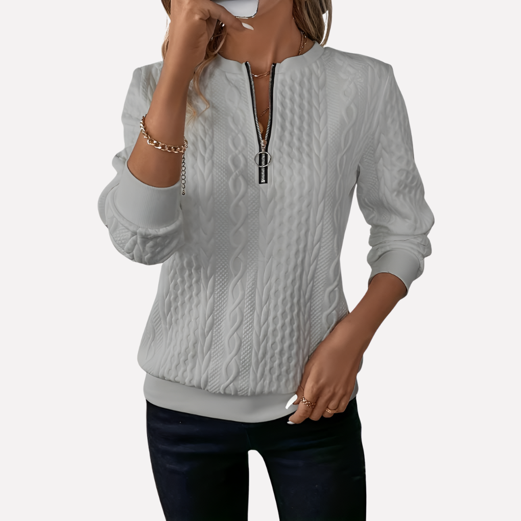 Kvinnes Kabel Strikket Pullover med Glidelås Hals
