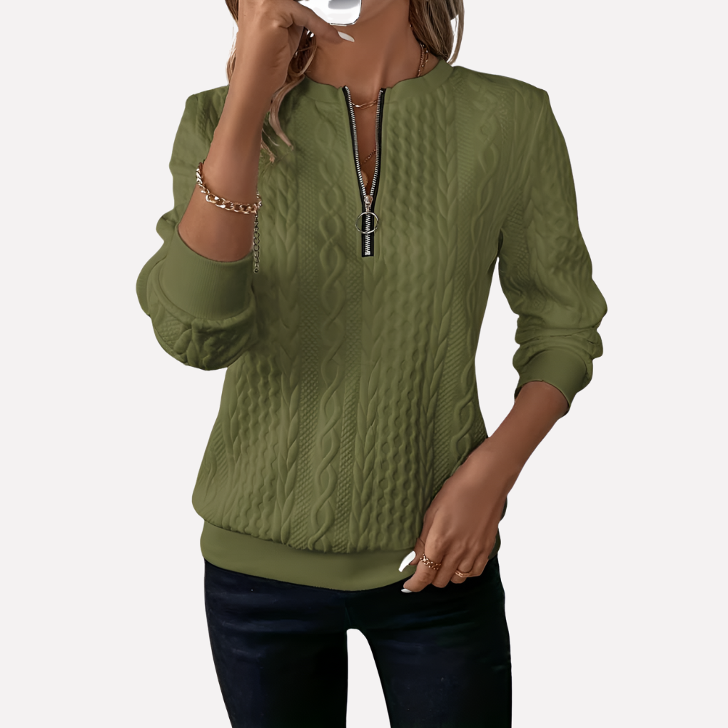 Kvinnes Kabel Strikket Pullover med Glidelås Hals