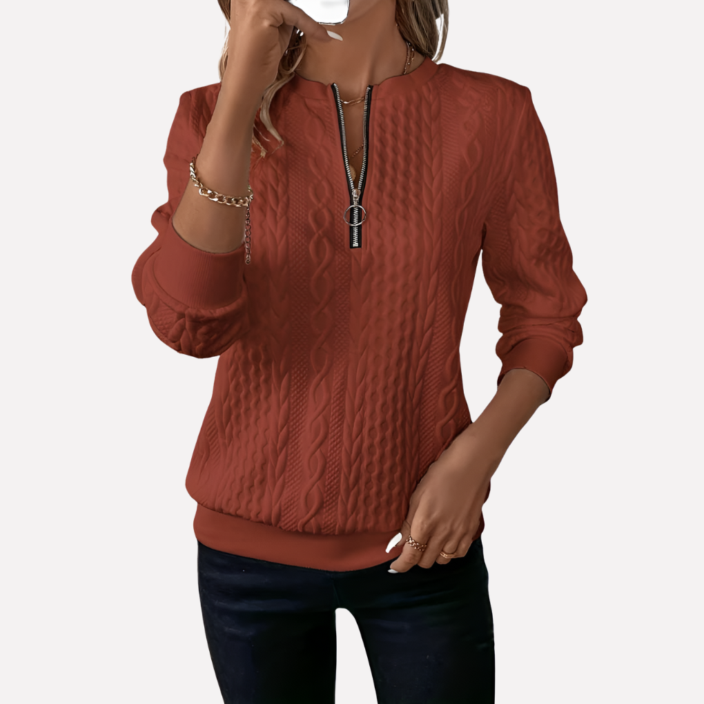 Kvinnes Kabel Strikket Pullover med Glidelås Hals