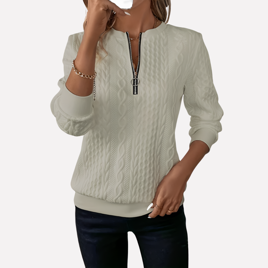 Kvinnes Kabel Strikket Pullover med Glidelås Hals