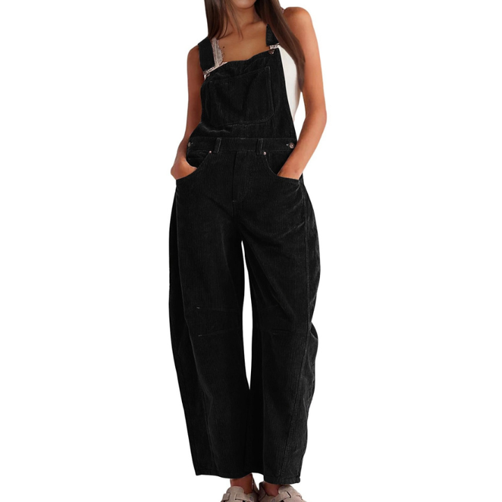 Bukse med smekke i kordfløyel til dame, vide ben – avslappet utility-jumpsuit