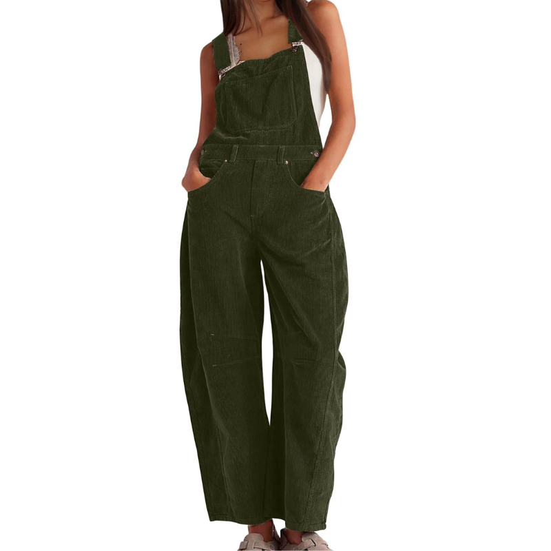 Bukse med smekke i kordfløyel til dame, vide ben – avslappet utility-jumpsuit