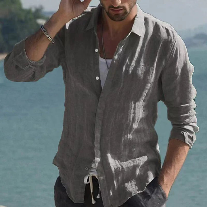 Airy Linen Shirt with Wrap Collar for Men