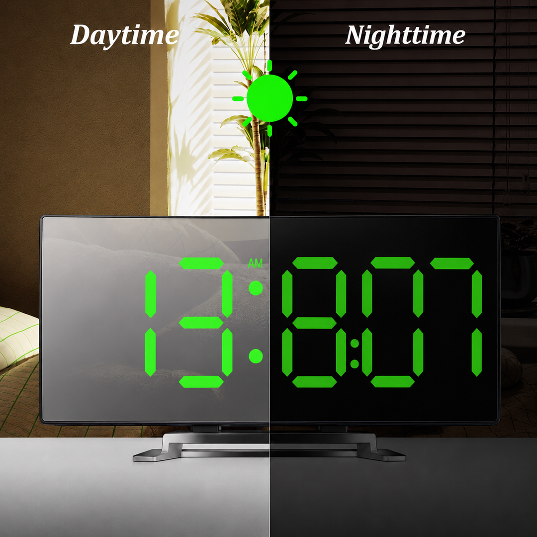 Digital LED-vekkerklokke med buet speildisplay